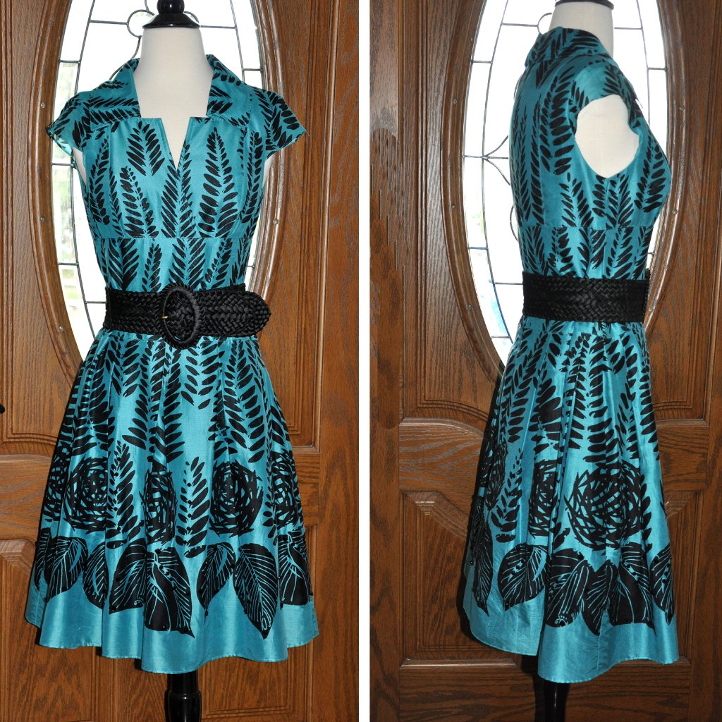 Kay Unger Of New York Teal & Black Silk Dress With Black Belt